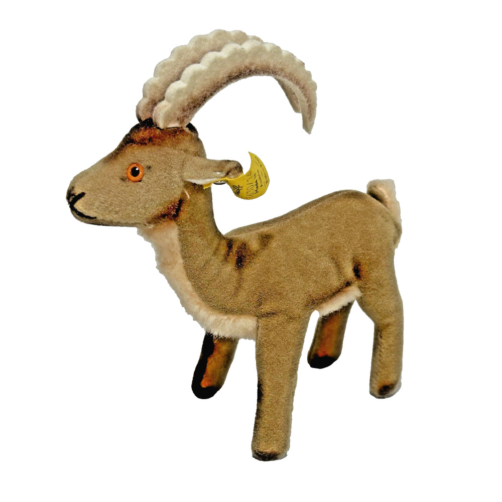 Vintage Steiff Brown Mountain Goat Ram Small Plush Toy Ear Button Yellow Tag